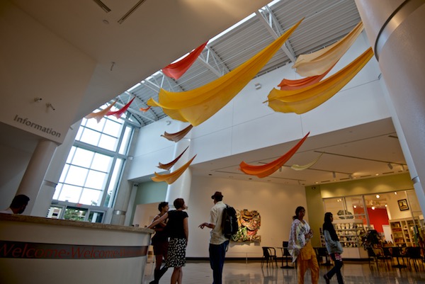 Tim Elverston and Ruth Whiting show kites at the Harn Museum in Gainesville FL