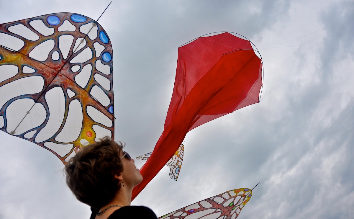 Ruth Whiting and 4 windfire designs kites in a show