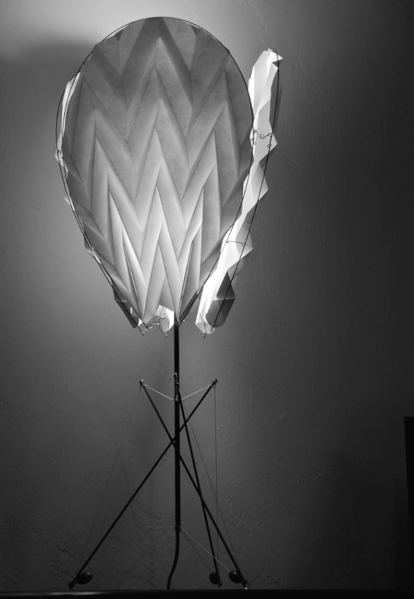 Tear drop lamp designed by Tim Elverston - origami paper, carbon fiber, spectra