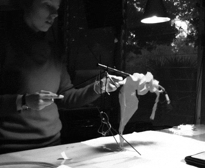 Bridget Whiting testing a chicken puppet