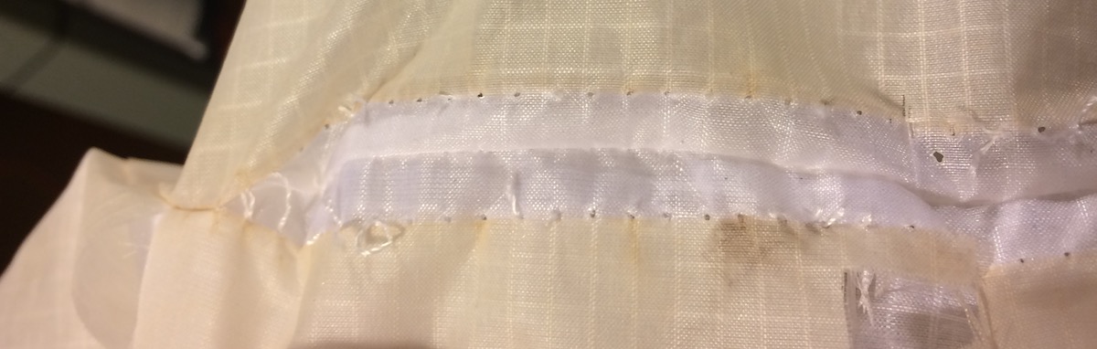 UV exposure comparison between outer fabric, and that which was protected inside a seam on paraglider cloth - seam is between cells