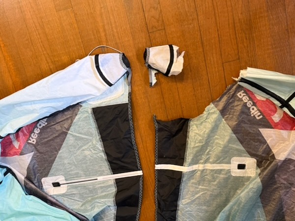 damaged Core kitesurfing kite with damaged missing wingtip before repair