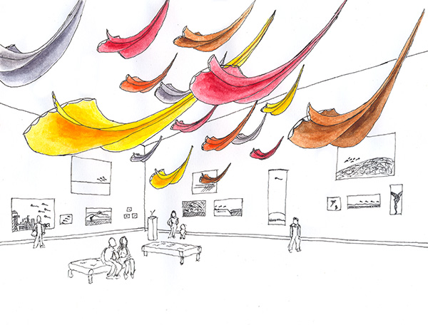 Tim Elverston's ink sketch showing color plans for the Flowx installation at the Harn Museum