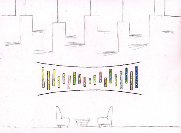 Wall sketch for the HandFlow strip installation at UF Health Oaks — Ruth Whiting and Tim Elverston