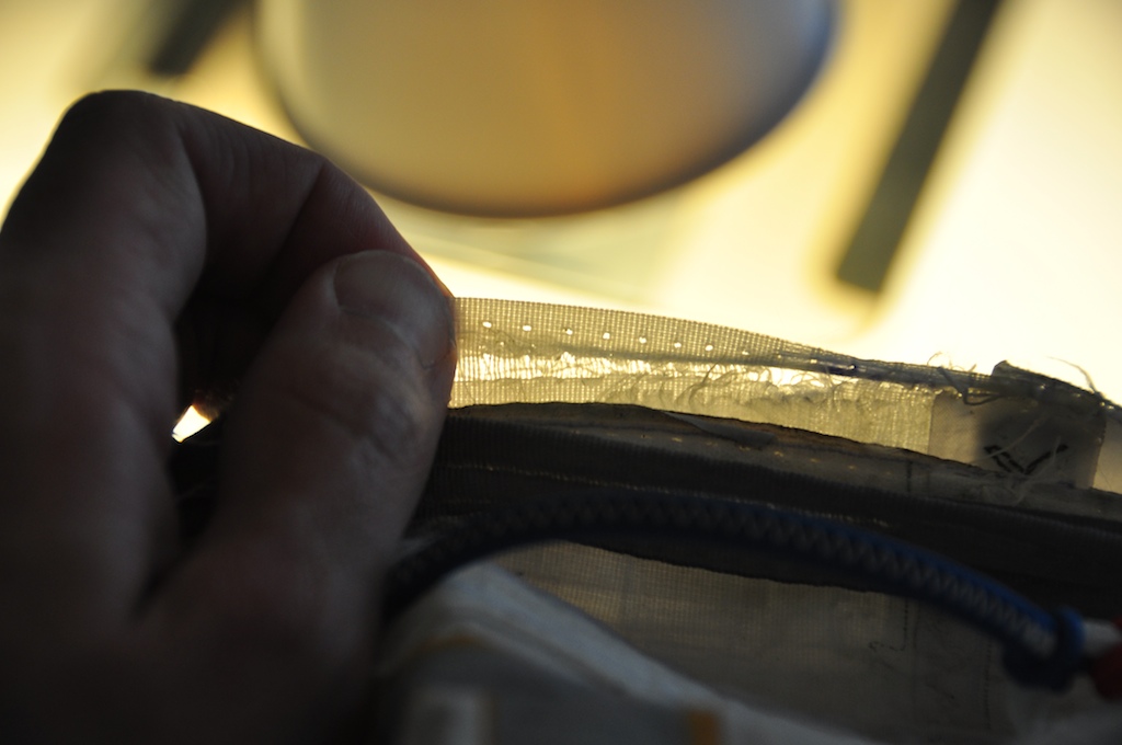 Close-up of the unwoven fibers on the over-inflated leading edge seam