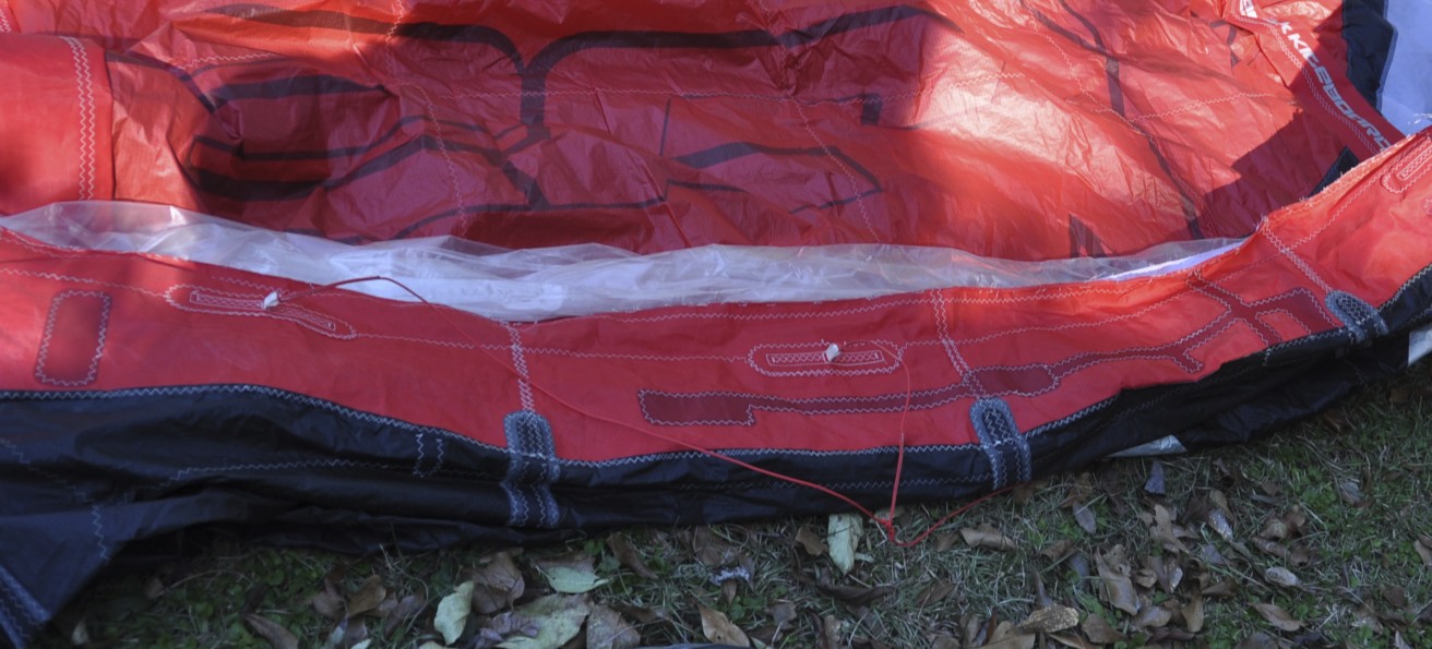Internal patching added to the leading edge of a Best Waroo kite during rebuild