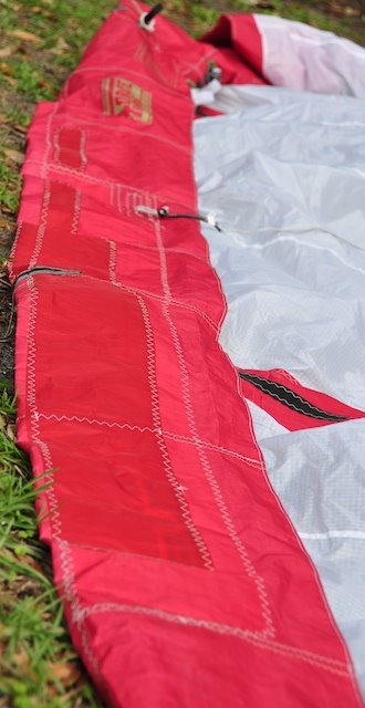 Close-up of the interior reinforcement patches on the F-One leading edge repair