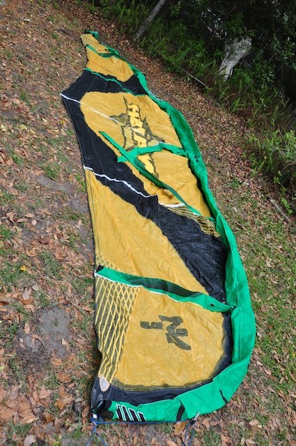 Canopy reassembled prior to adding patch cloth, showing factory reinforcement lines