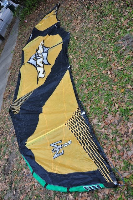 Struts sewn back in place on the repaired Naish kite