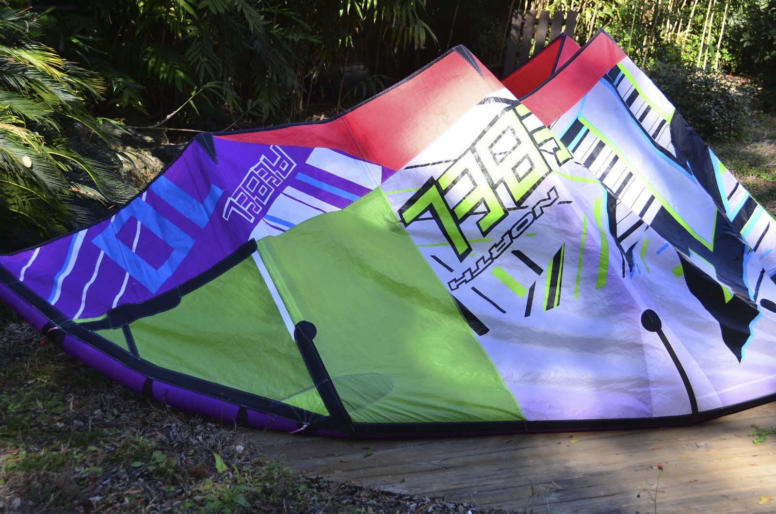 Completed North Rebel kite tip repair showing the graphics hiding the seam