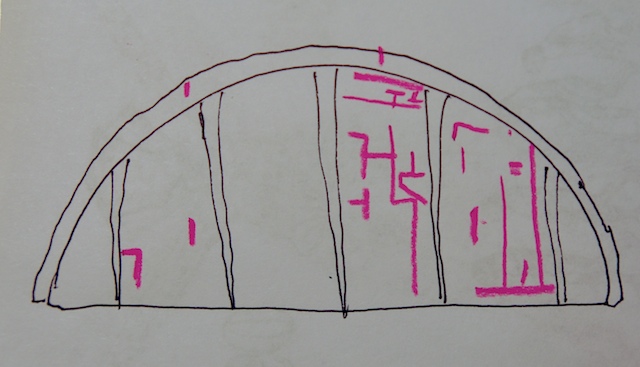 Sketch of the multiple damage points on the Ocean Rodeo kite before repair