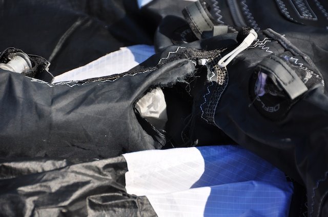 Close-up of the finished stitching on the Best Waroo center strut repair